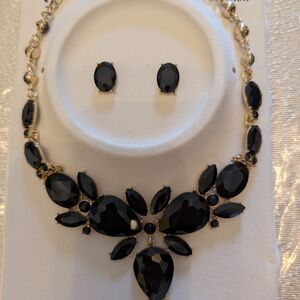Gold-Tone Black Crystal Statement Necklace with Matching Stud Earrings